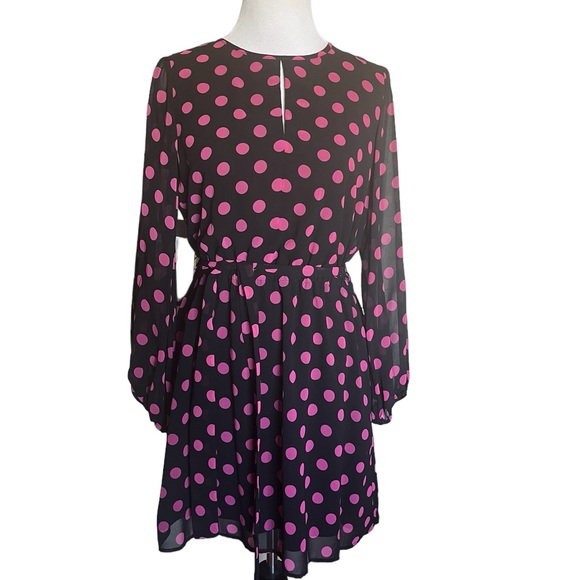 LDT Aubrey Dotted Long Blouson Sleeve Round Keyhole Neck Tie Waist Dress - Picture 2 of 6